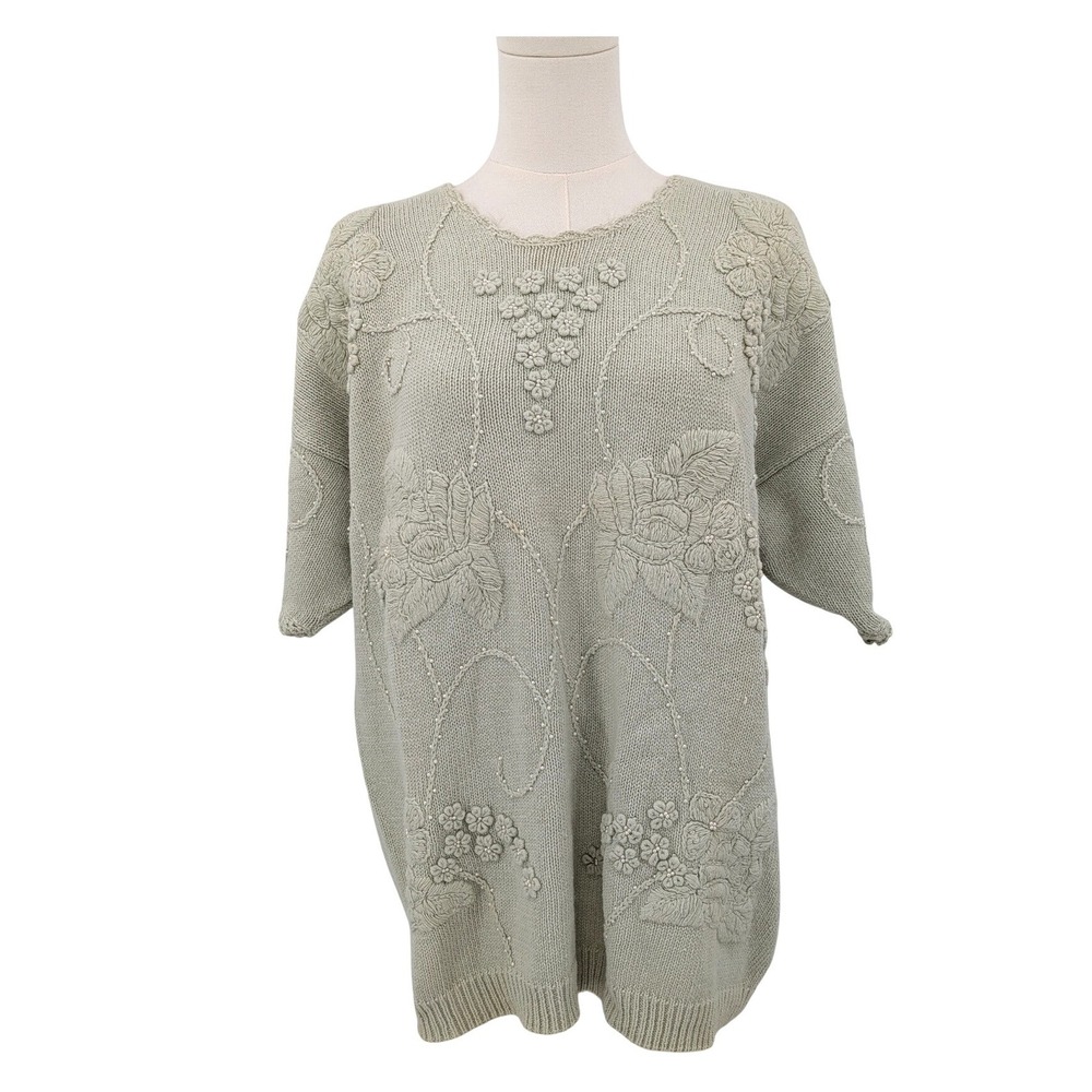 Vintage Marisa Christina II Embroidered Beaded Sweater Short Sleeve Women's L‎